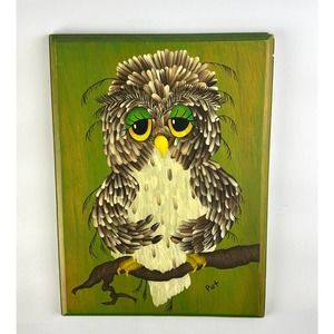 Vintage Owl Painting On Wood Green Background Sleepy Eyes Brown Feathers Signed